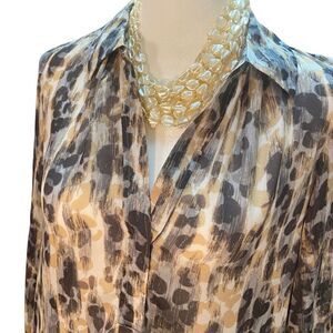 Loft Womens Dress Work Casual Long Sleeve Sheer Blouse Black Tan Cream Size S